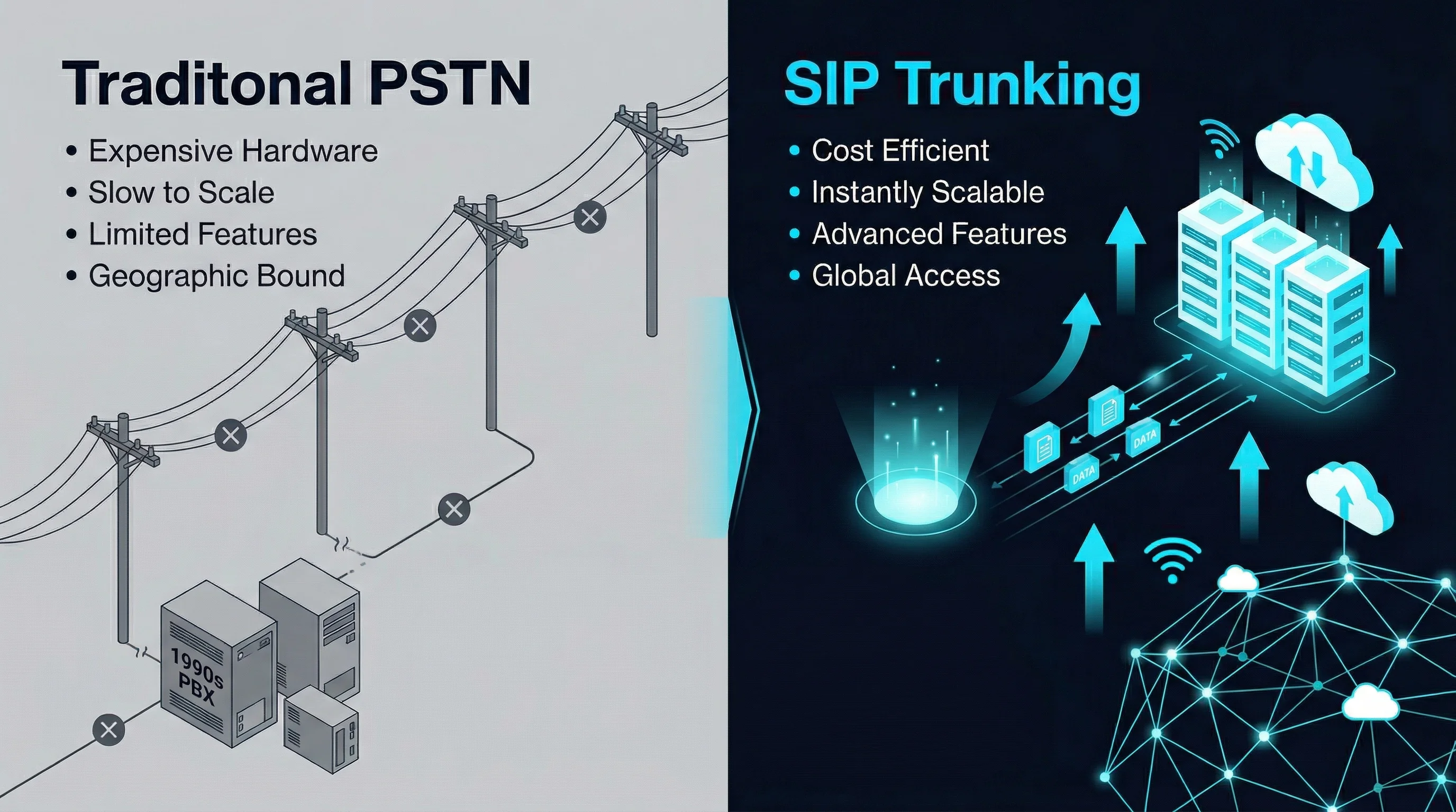 Side-by-side comparison showing traditional PSTN with old copper lines and hardware versus modern SIP trunking with cloud infrastructure